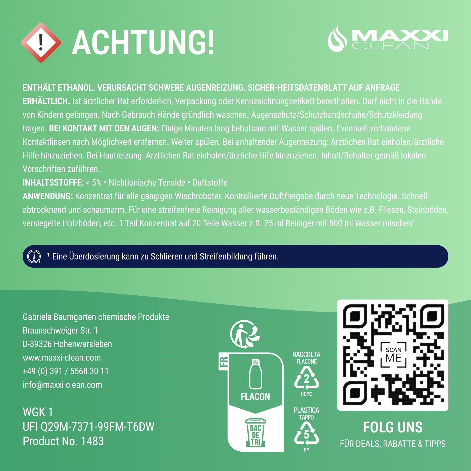 Maxxi Clean | 750ml Bodenreiniger mit Frische-Duft | geeignet für alle Wischroboter | Universal Reiniger Konzentrat | Wischflüssigkeit für Boden, Parkett, Fliesen | Saugwischer-Reinigungsmittel