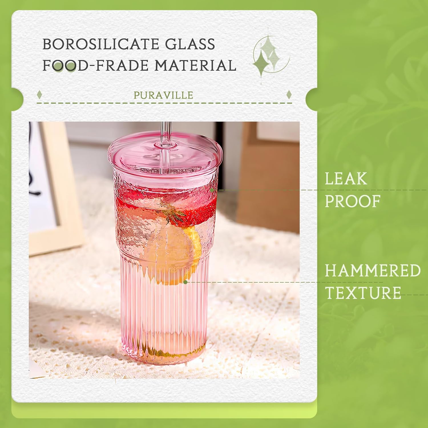 Puraville 2 Pack 20oz Glass Gups with lids and Straws, High borosilicate Reusable Iced Coffee Cup Tumbler, Leak Proof Driking Glass Mug for Water, Juices, Cocktails, Pink - Image 3