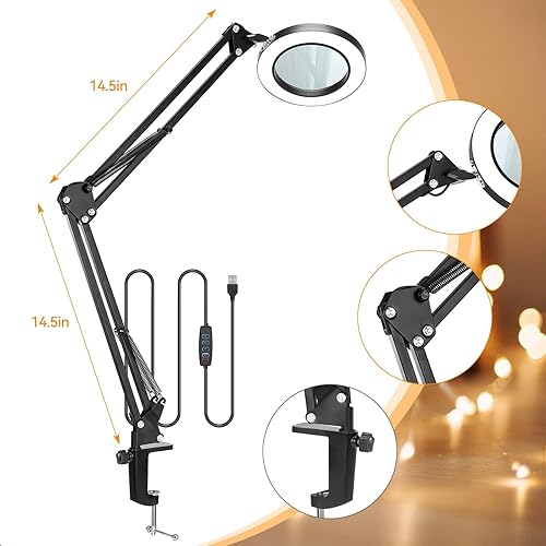 Miniatura 4 de Lupa con luz y soporte, lupa iluminada LAKIX 10X con 72 luces LED, 3 modos de color lupa iluminada y brazo ajustable para lectura, manualidades,