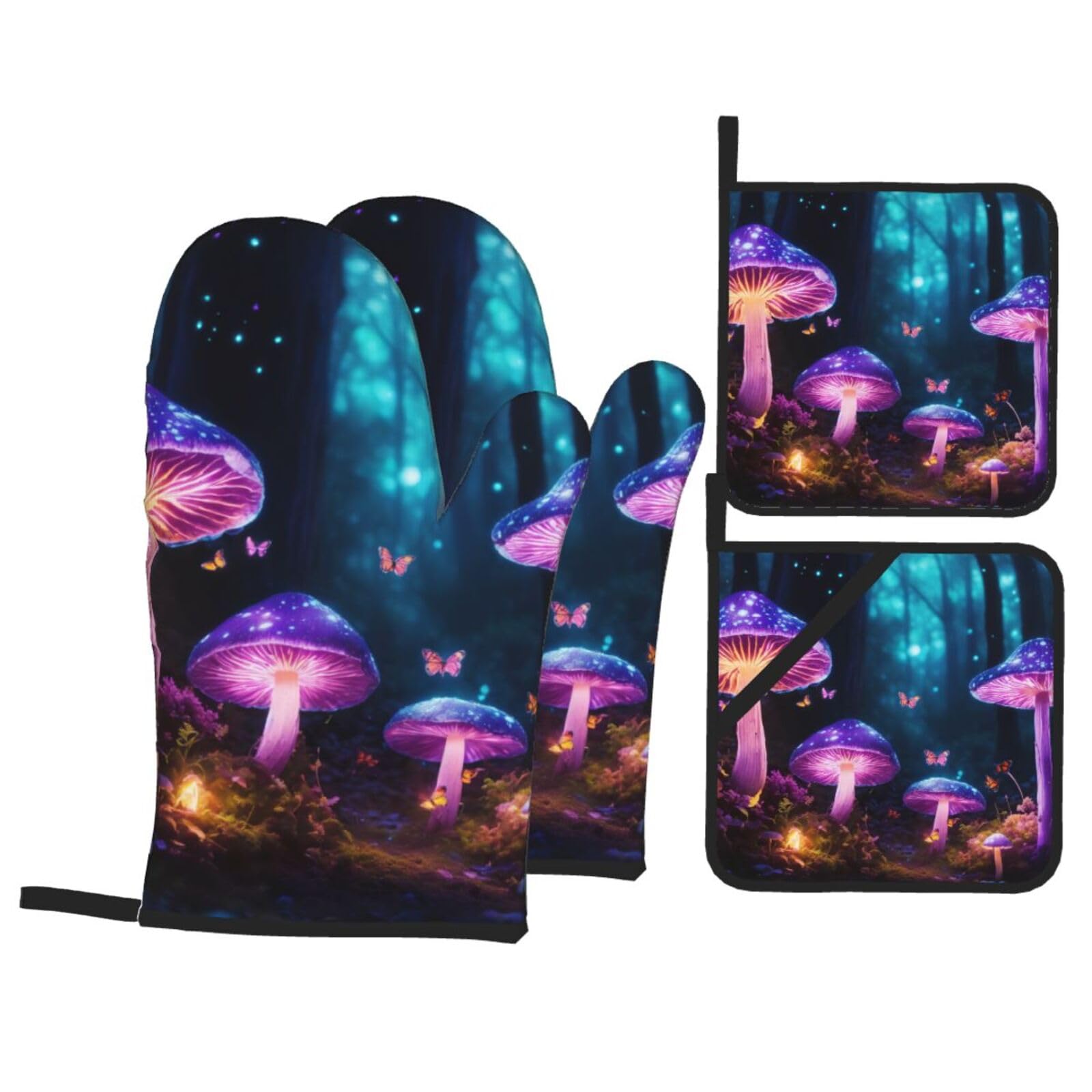 Magic Mushroom Print 4-Piece Heat-Resistant Oven Waterproof Kitchen Gloves Cooking Roasting Essential
