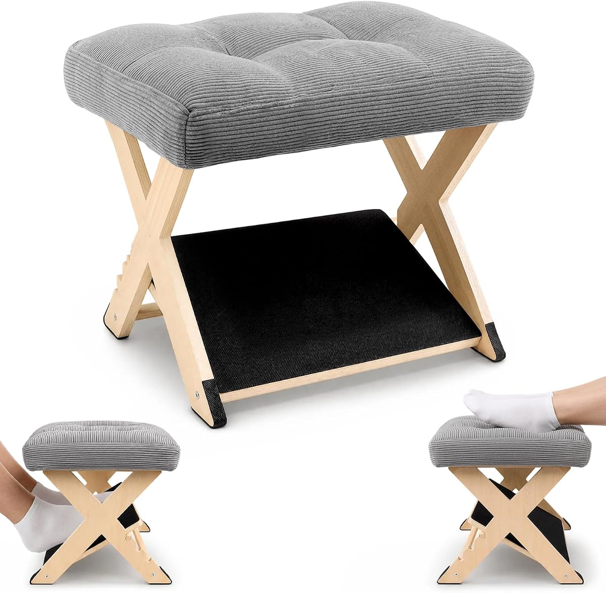 Foot Rest Under Desk 3-Level Adjustable Under Desk Footrest w/Non-Slip EVA & Floor Pads Ergonomic Wooden Foot Stool for Posture & Leg Relief - Ideal for Office Workers Gamers Home Use