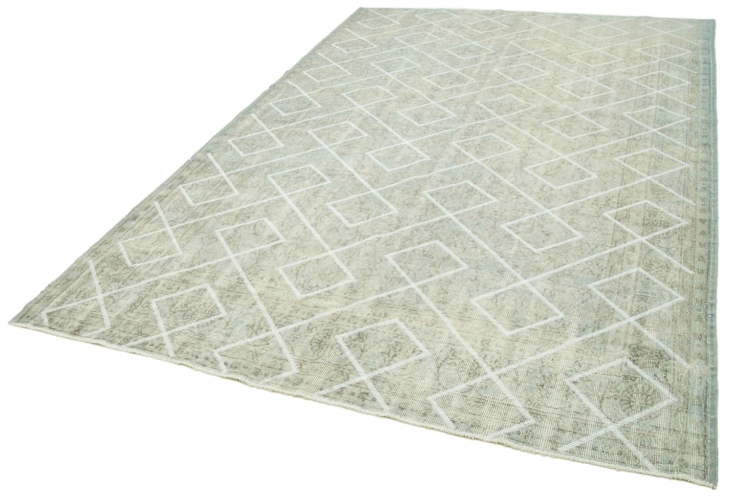 69 x 104 - 207 x 315 Cm Geometric Carpet Green Geometric Bohemian Wool Cotton Handmade Handknotted Vintage