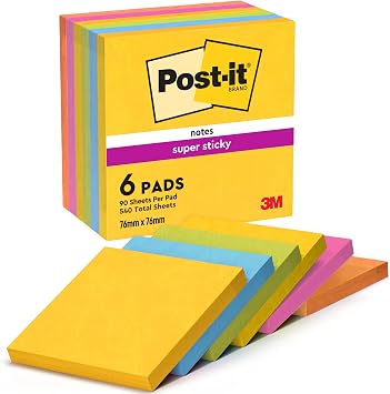 Post-it Super Sticky Notes, 6 Pads (540 Sheets), 76 mm x 76 mm