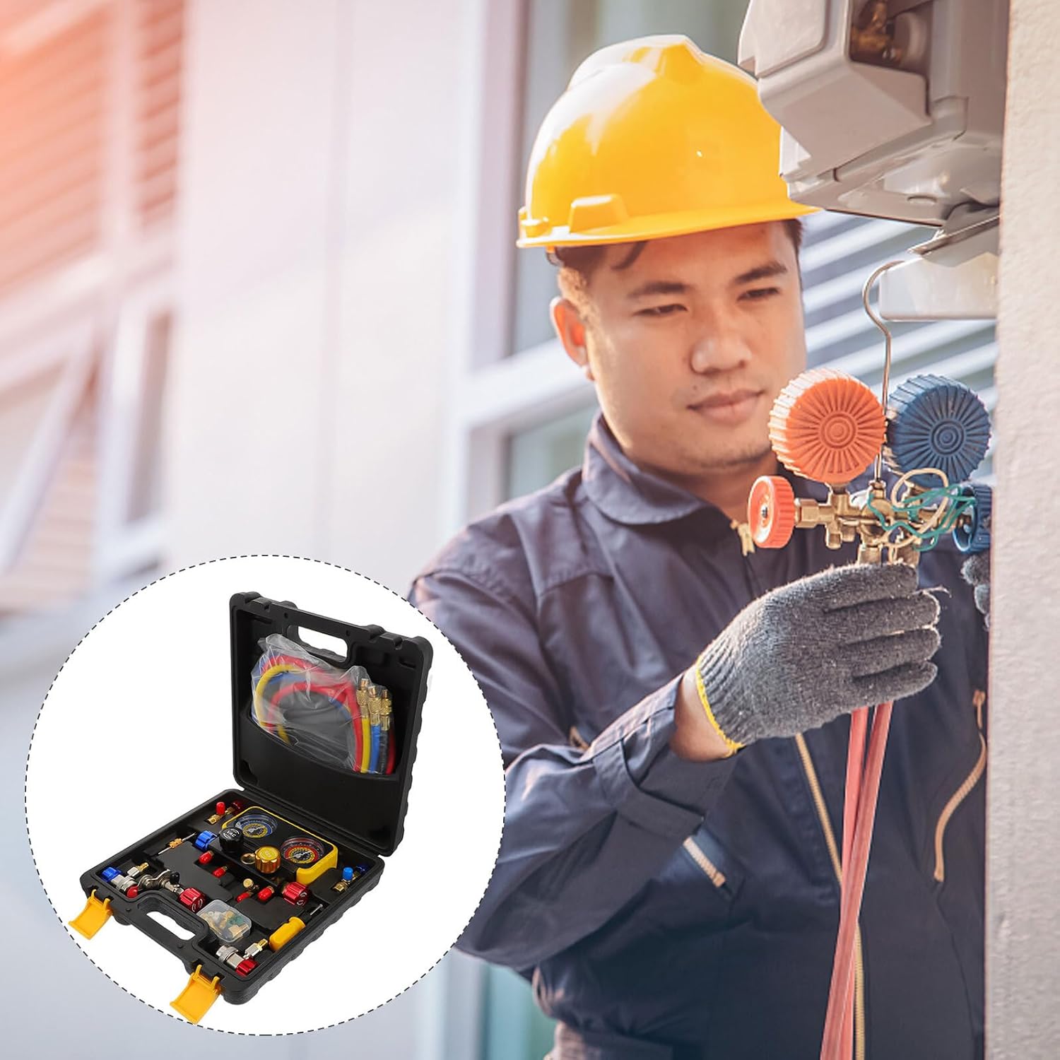 4 Way Manifold Gauge Set Diagnostic Kit for -22 R32 R134a R410a Refrigerants with Hoses and Valves, Air Conditioning Service Tool for Automotive Ac Maintenance Random Color