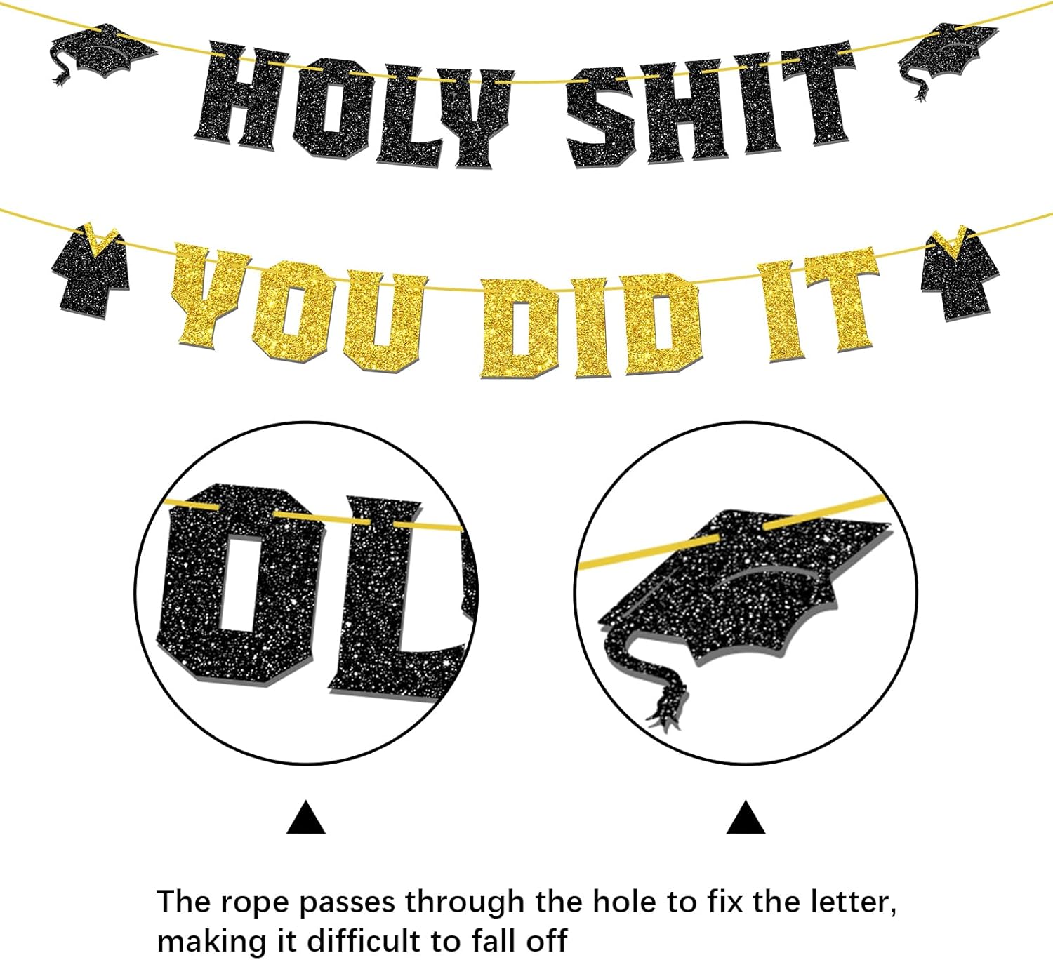 Holy Sh*t You Did It Banner, So Proud of You/Congratulations/Congrats Grad Bunting Sign, 2026 High School College Graduation Party Decorations Supplies, Black Gold Glitter - Image 3