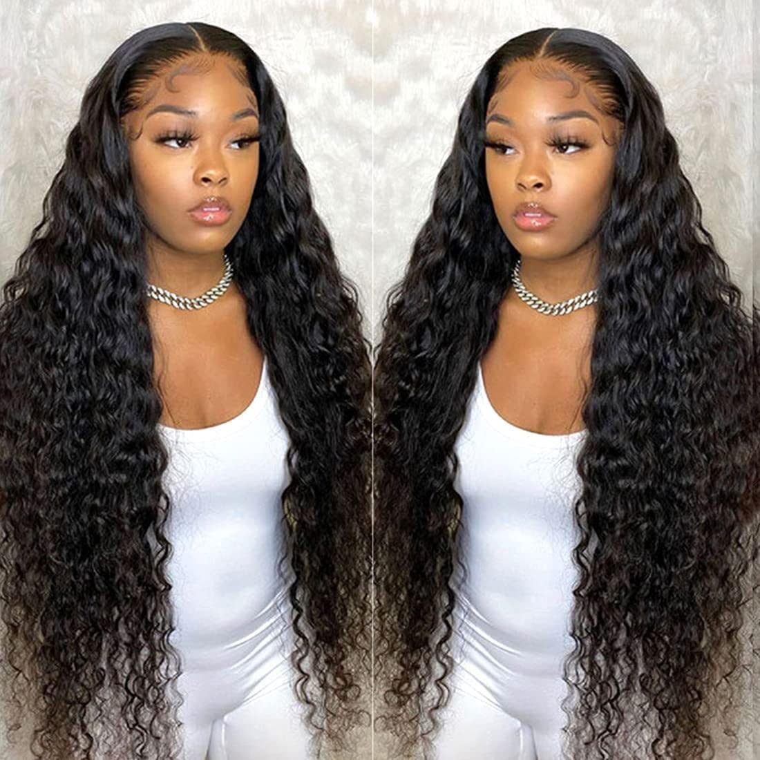 QinMei 30 Inch Deep Wave Lace Front Wigs Human Hair 13x4 HD Lace Front Wigs Pre Plucked Brazilian Curly Human Hair Wig 180 Density Glueless Frontal Wigs for Black Women