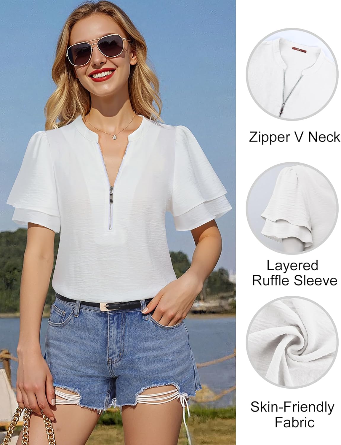 Gaharu Womens Dressy Casual Shirts Ruffle Short Sleeve Zipper V Neck Tops Work Business Office Blouse - Image 6