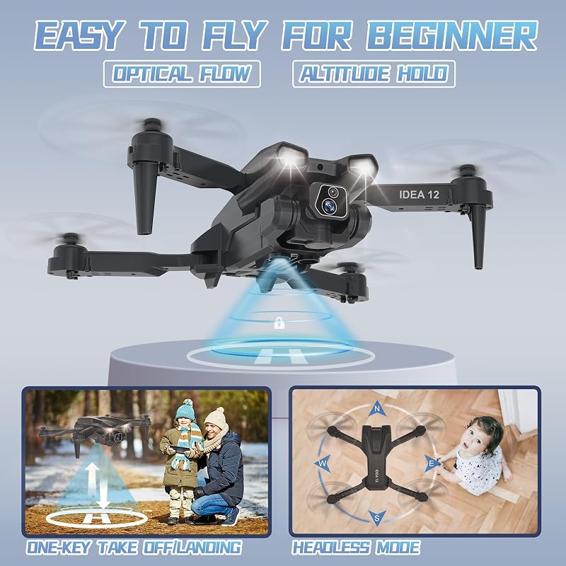 morlyrctooy IDEA12 Drón HD Kamerával Összecsukható FPV Quadcopter Kezdőknek 2 Akkumulátor