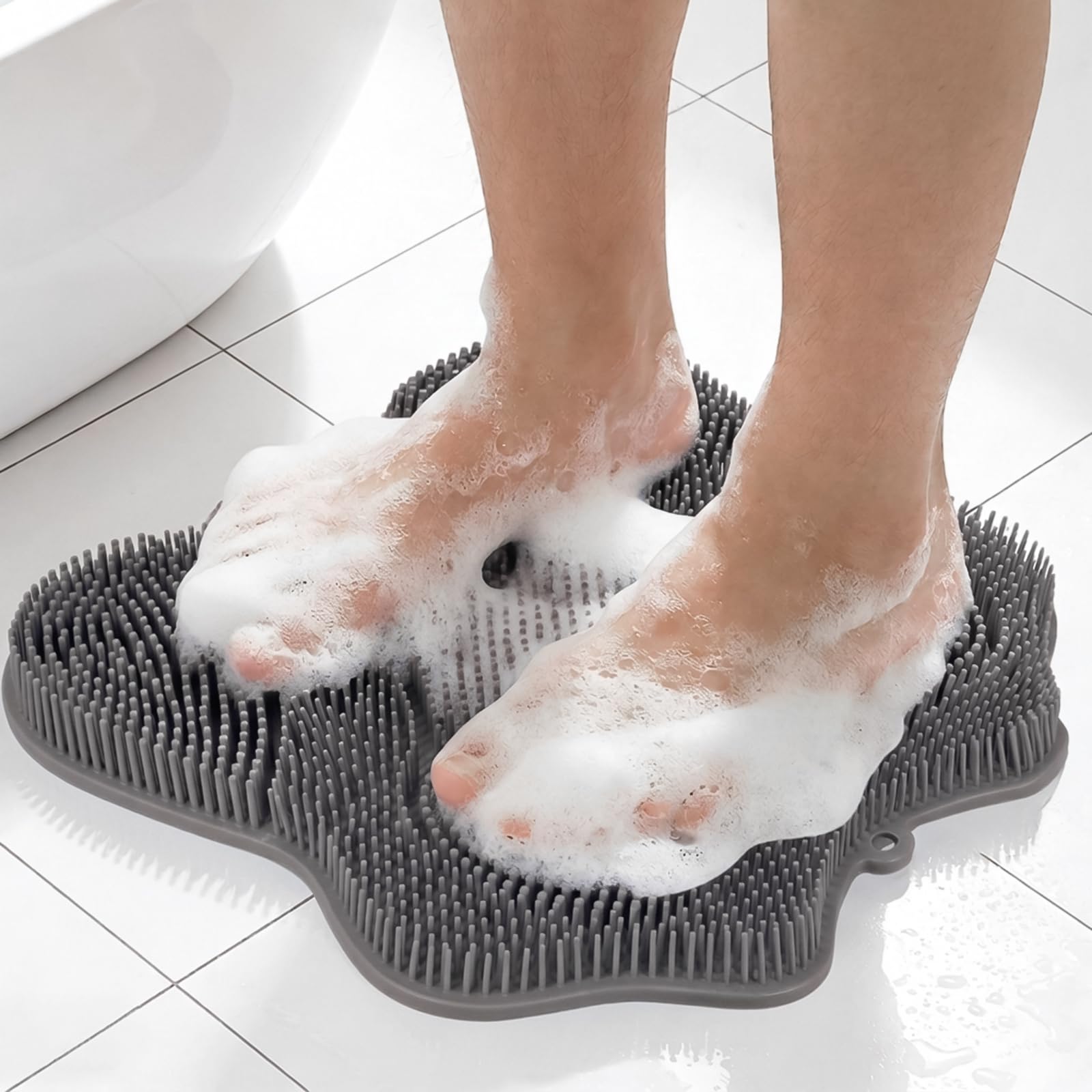 ozner Silicone Shower Foot Scrubber Mat, Back Washer Bath Wash Pad Exfoliating & Massage, Wall Mounted Slip Strong Suction Cups for Use in Cleaner Men and Women (Grey)