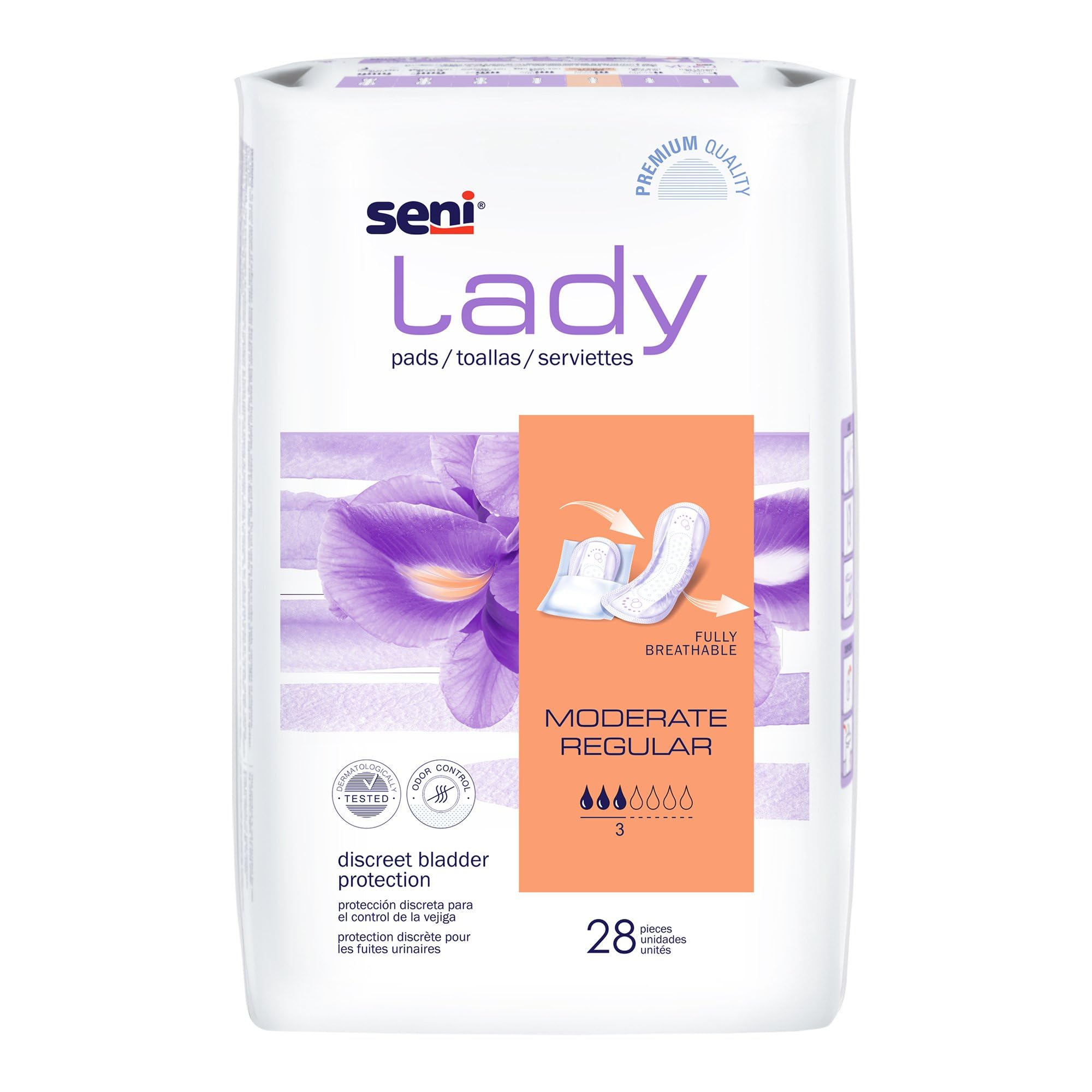 Lady Discrete Bladder Control Pads with Adhesive Strip, 28 Count (1 Pack of 28), Moderate Regular Absorbency Level, 10" Length with Super Absorbent Core and Odor Control