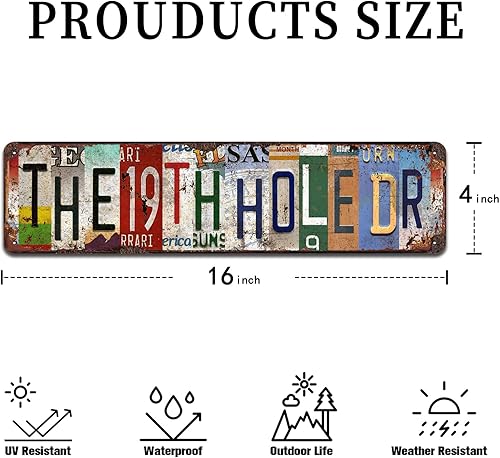 Miniatura 2 de Letrero de metal retro con texto en inglés «The 19th Hole – Arte de pared rústico con temática de golf vintage para bar, cueva de hombre, garaje,