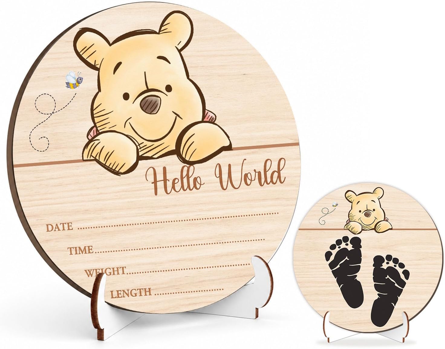 Winnie Baby Wooden Newborn Birth Sign, Winnie Hello World Newborn Signs, Babies Name Sign, The Pooh Baby Announcement Signs Photography Prop, Double Sided Hello World for New Mom Babies Party