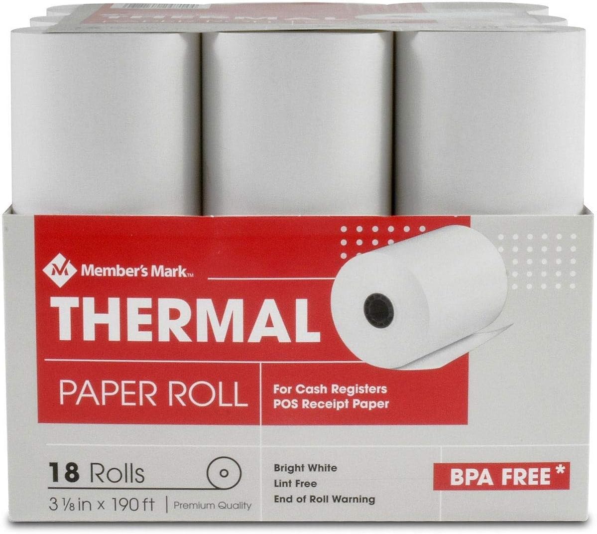 Member's Mark Thermal Receipt Paper Rolls, 3 1/8" X 190', 18 Rolls