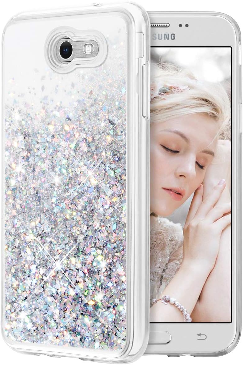 Caka Galaxy J7 2017 Case, Liquid Series Glitter Bling Flowing Floating Luxury Liquid Sparkle Soft TPU Case for Samsung Galaxy J7 Sky Pro Prime J7 V J7 Perx Halo 2017(AT T) (Silver)