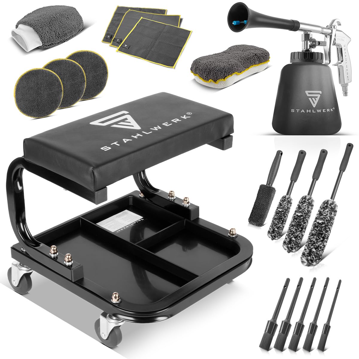 STAHLWERK Werkstatt- und Auto-Detailing-Set 21-teilig | Werkstatthocker 118 kg, Druckluft-Reinigungspistole mit Tornado-Effekt und Autoreinigungs-Set aus Mikrofaser