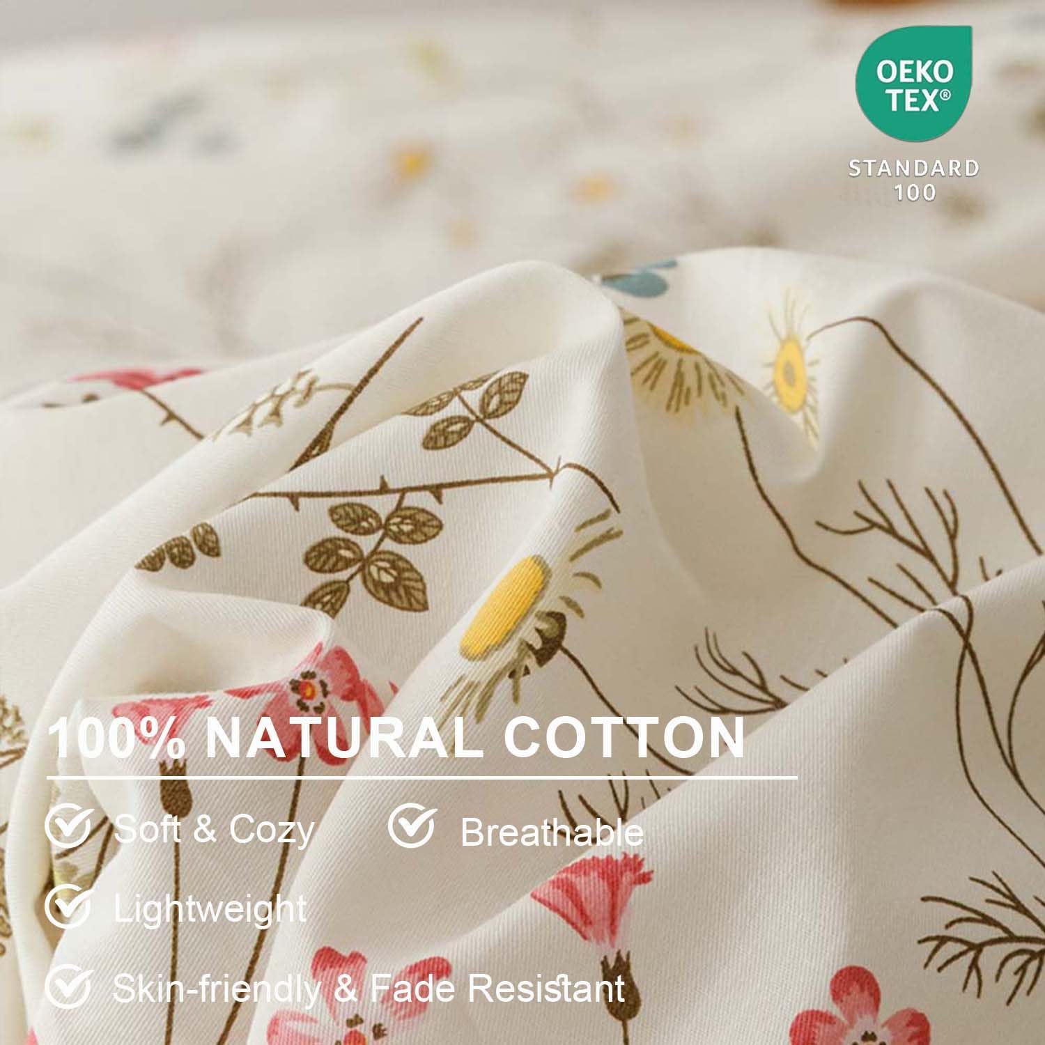 Nayoroom Floral Duvet Cover Queen Size 100% Cotton Pink Yellow Flowers Leaves Printed on Cream White Comforter Cover 3 Pieces Soft Breathable Spring Cottagecore Bedding Set with Zipper Closure