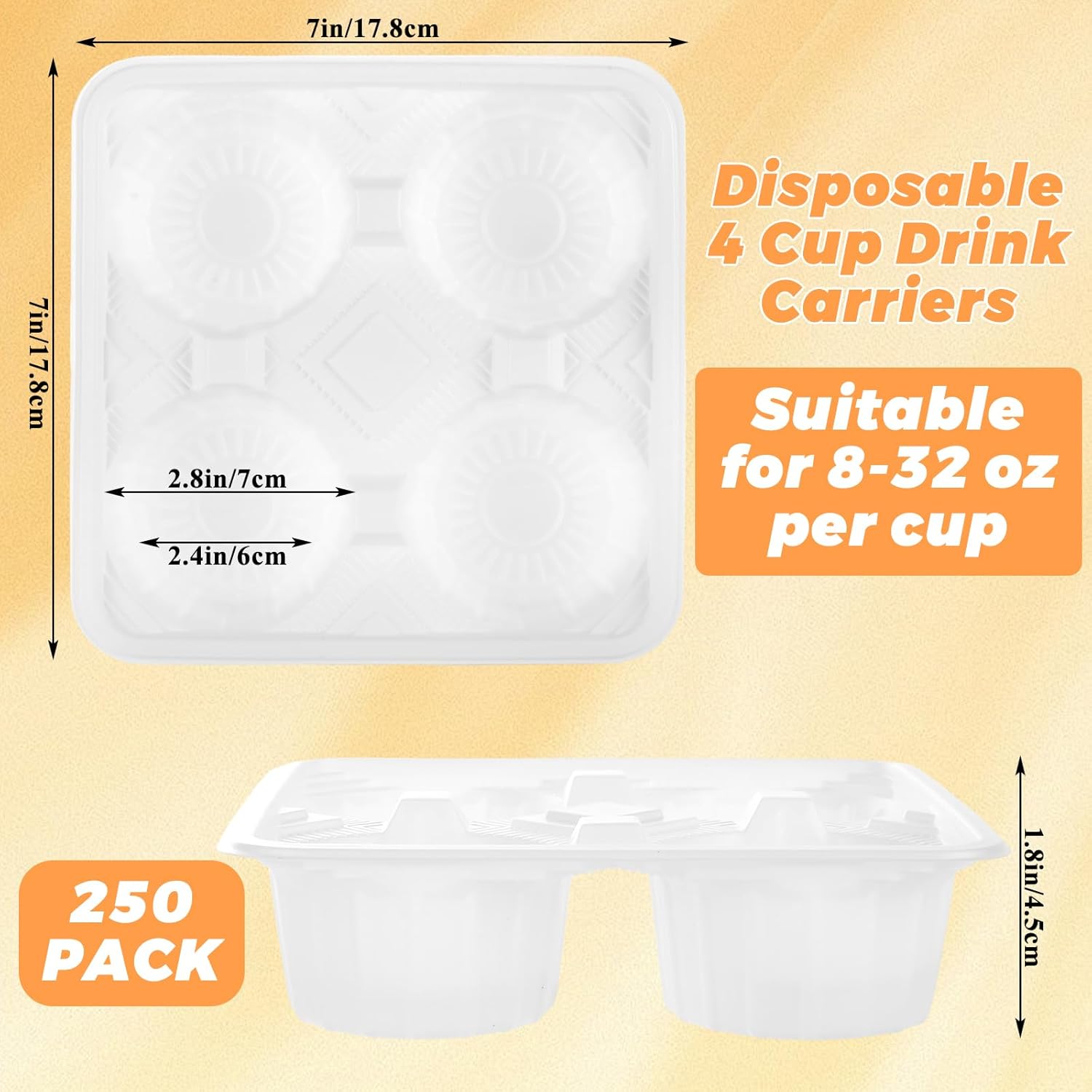 250 Pack 4 Cup Disposable Cup Carriers for Drinks, Plastic Drink Carrier for Hot & Cold Beverages, 8-32 oz To Go Coffee Cup Holders Take Out Cup Carriers for Restaurants, Takeout, Delivery