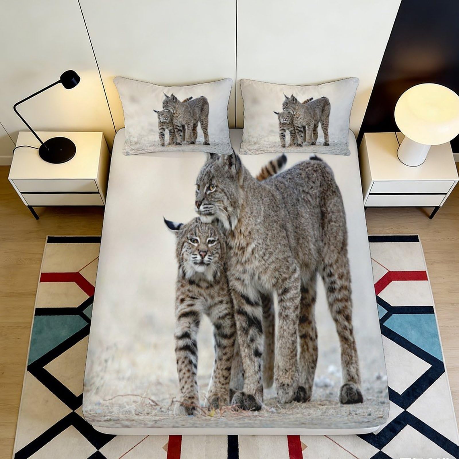 3D Printed Lynx Animal Fitted Sheet Microfiber Soft Durable Wild Cat Bed Cover for Bedroom Dormitory Guest Room Mattress Protection Decor 160x200x25cm