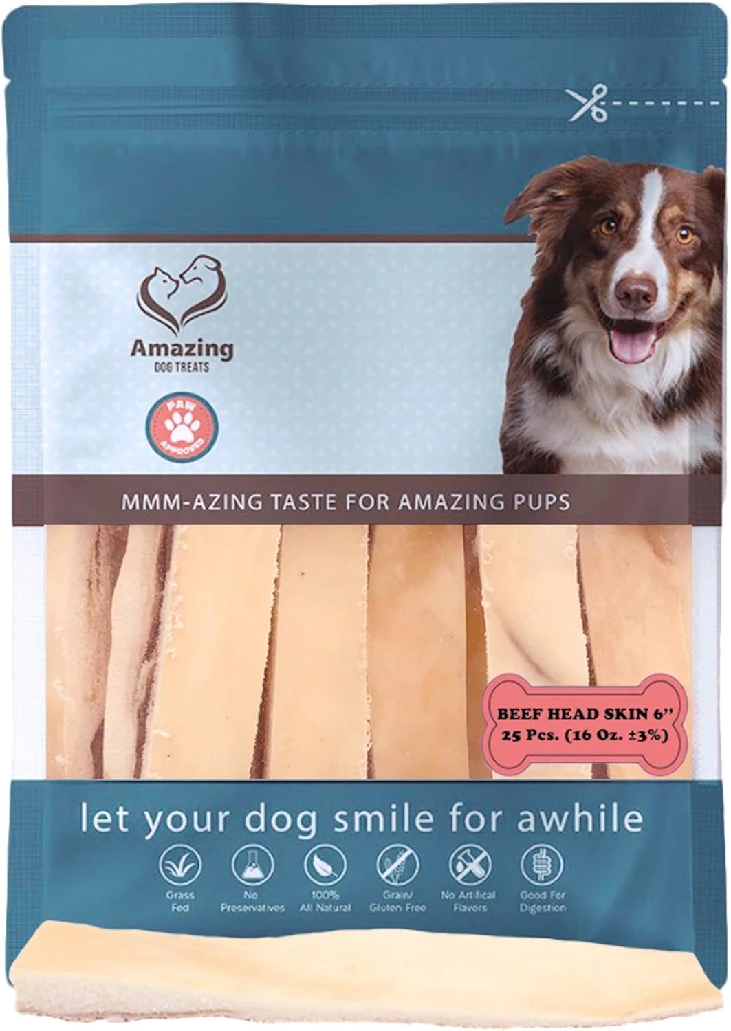 Amazing Dog Treats - Beef Cheek Strips Premium Dog Chew (6 Inch - 25 Pack) - NO Odor - Thick Cut - Rawhide Alternative - Beef Cheek Slice Chip Sticks - No Dyes, Chemicals, or Preservatives