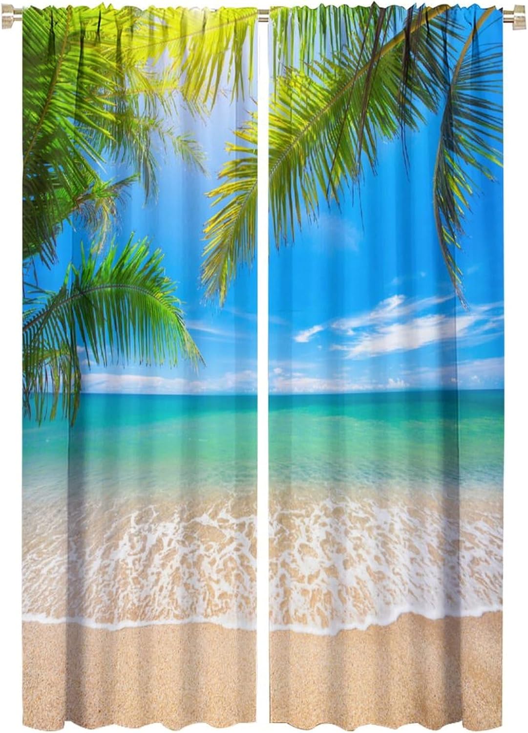 Tropical Beach Blackout Curtains Green Palm Trees Ocean Wave Sea Island View Art Print for Bedroom Bathroom Kitchen Decor Rod Pocket Window Drape 42x63in, Style-9