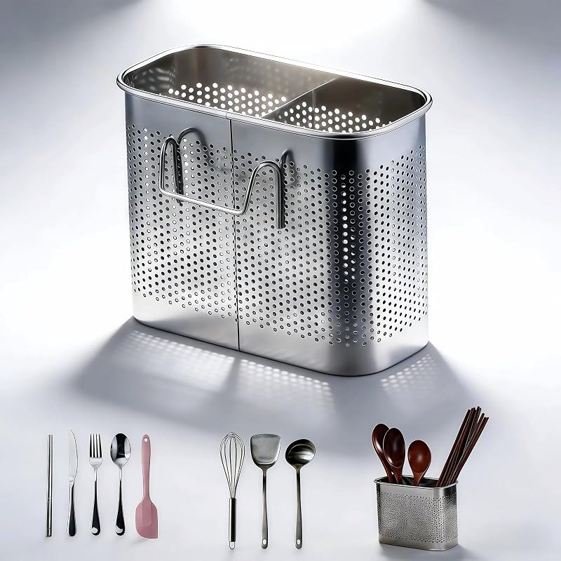 Stainless Steel Kitchen Utensil Holder with Hooks, 2-Tier Stainless Steel 304 Utensil Holder,Rustproof Heavy Duty Dish Drainer for Kitchen Sink Countertop,5.51x4.33x2.76 Inch