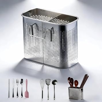 Stainless Steel Kitchen Utensil Holder with Hooks, 2-Tier Stainless Steel 304 Utensil Holder,Rustproof Heavy Duty Dish Drainer for Kitchen Sink Countertop,5.51x4.33x2.76 Inch