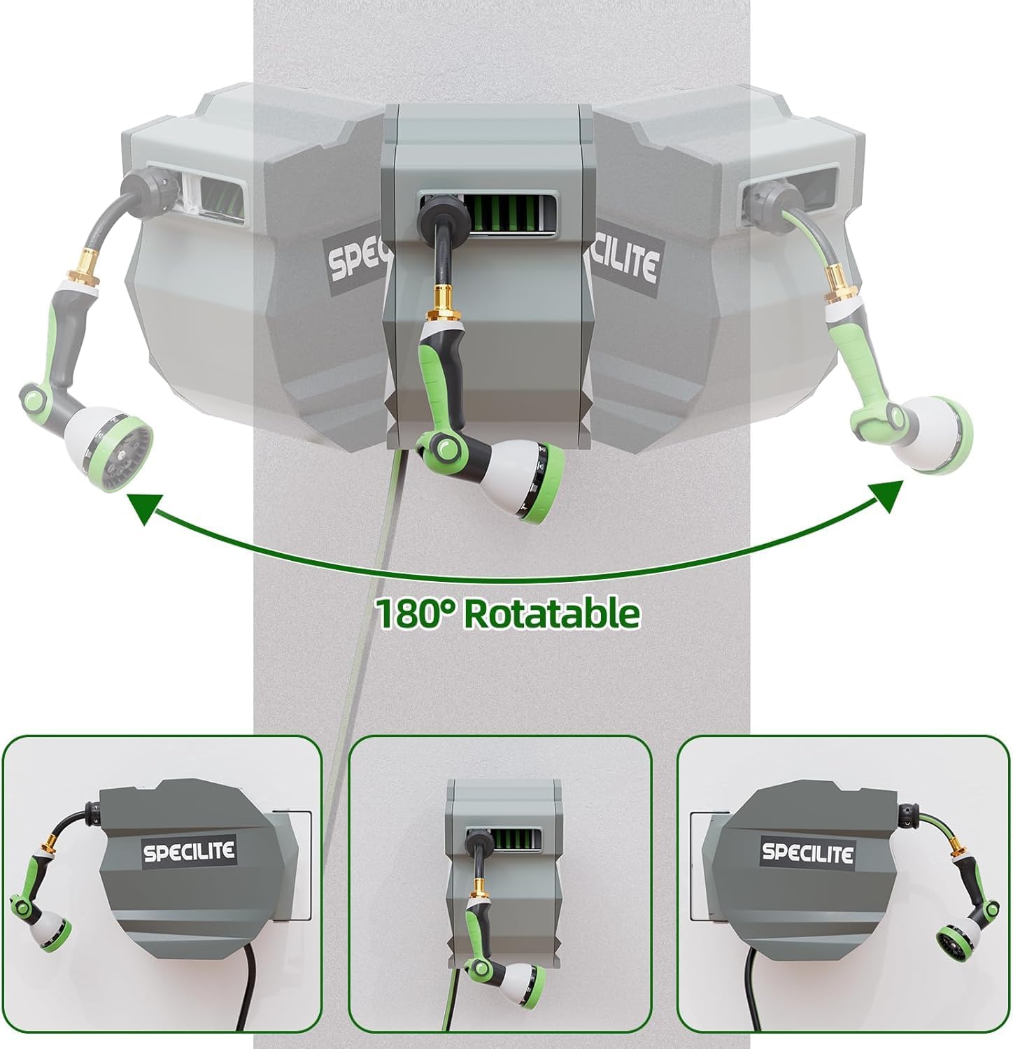SPECILITE Retractable Heavy Duty Garden Hose Reel, 1/2" X 66 + 5 FT 2 Year Anti-Fading Wall Mounted Hose Reel, Smooth Automatic Rewind, 9 Pattern Sprayer, 180° Swival Bracket, Any Length Lock