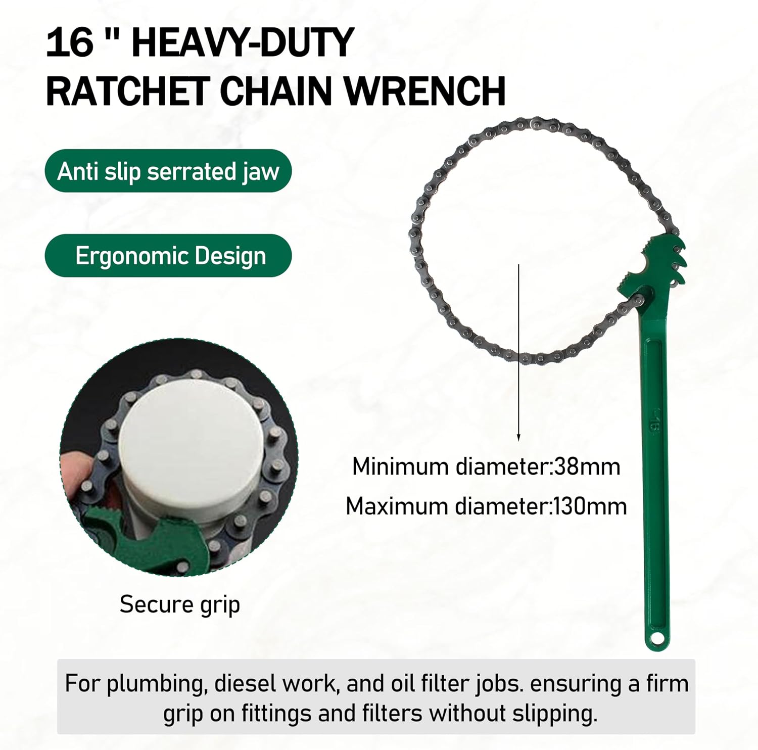 16 Inch Chain Wrench, Heavy Duty Oil Filter Chain Wrench Adjustable 27" Chain, Reversible Oil Filter Tool, Hanging Hook - Diesel/Plumbing Use for Universal Use (1 pack)