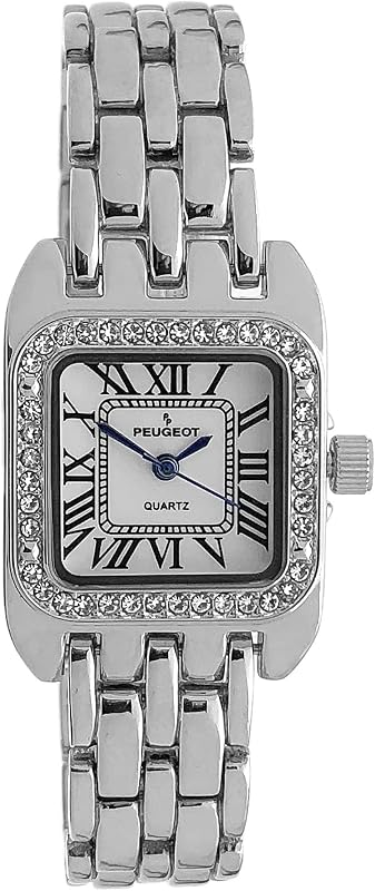 Peugeot Women Tank Crystal Bezel Roman Numeral Panther Link Bracelet Watch