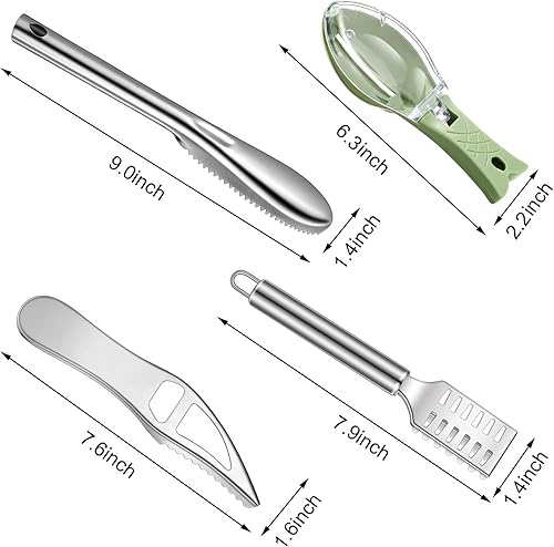 Miniatura 2 de Honoson 4 piezas de acero inoxidable removedor de escamas de pescado limpiador de cocina raspador de piel de pescado raspador raspador con abridor