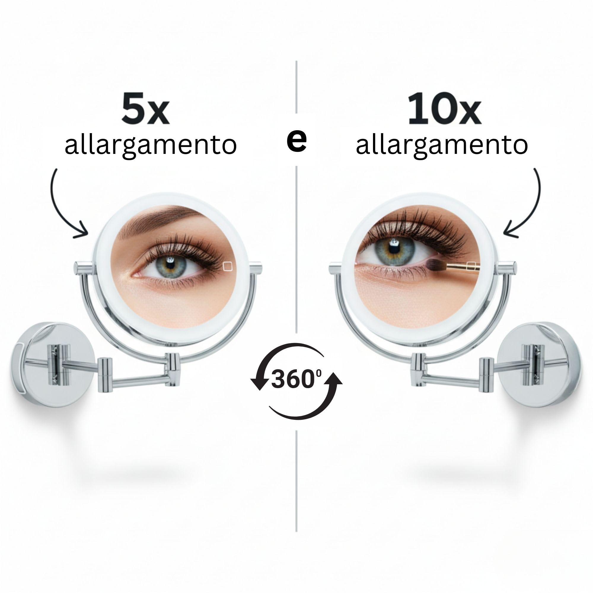 Modena Specchio Ingranditore da Parete a LED – Specchio Trucco Girevole a 360° con Dimmer, Luce Naturale e Ingrandimento per Make-up e Rasatura (5x / 10x USB/batteria)