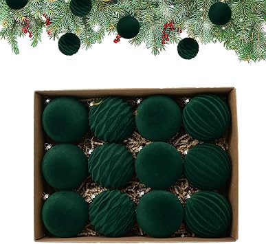 LAFANDE Velvet Christmas Balls Christmas Tree Decorations, 12 PCS Bulk Flocked Christmas Tree Ball Ornaments, Hanging Ornaments Christmas Tree Decoration for Holiday Wedding Party