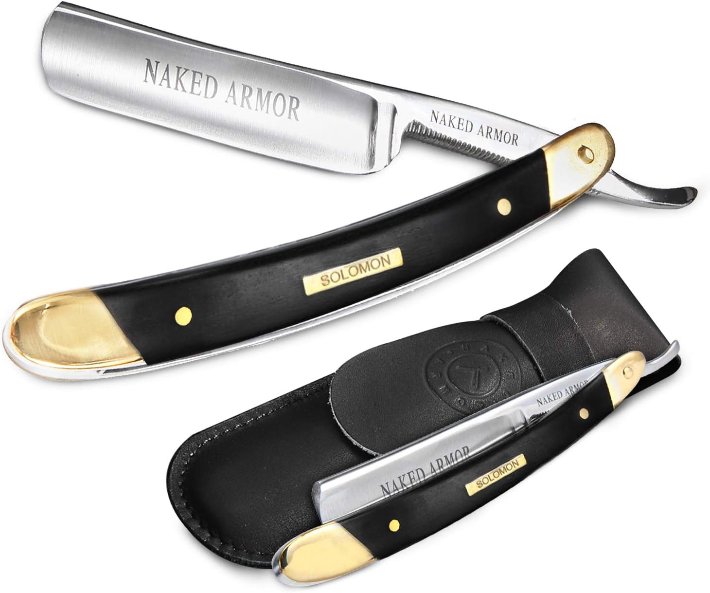 Naked Armor Solomon Straight Razor - Shave Ready 7/8" Round Nose Japanese Steel Straight Razors for Men with Algum Wood Scale, Case Included, Close Shave, Black