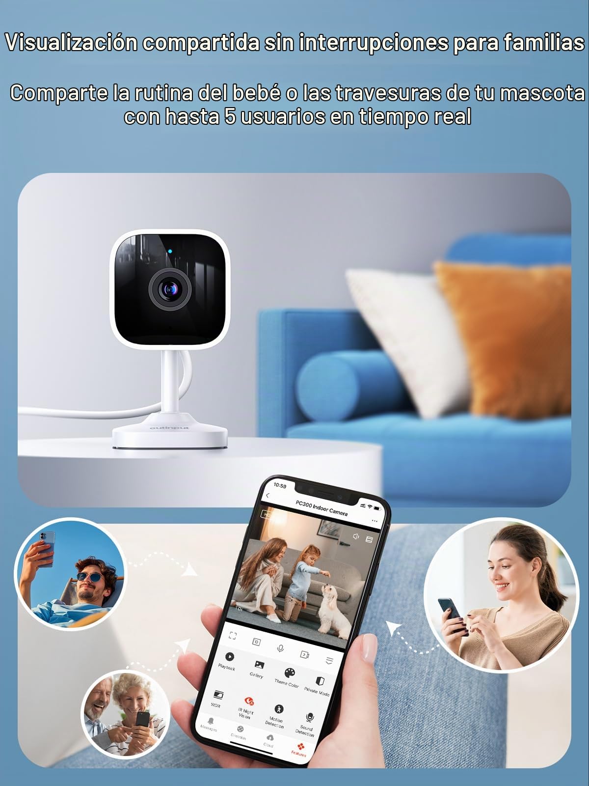 Outinput 2K 3MP Camara Vigilancia WiFi Interior con Detección Humana, Visión Nocturna, Detección de Movimiento/Sonido, Audio de 2 Vías, Alarma en Tiempo Real Camara Vigilancia (2 Pack)