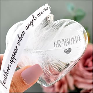 Grandma In Memory Bauble. Real White Feather. Glass Heart Hanging Decoration. Remembrance Keepsake.