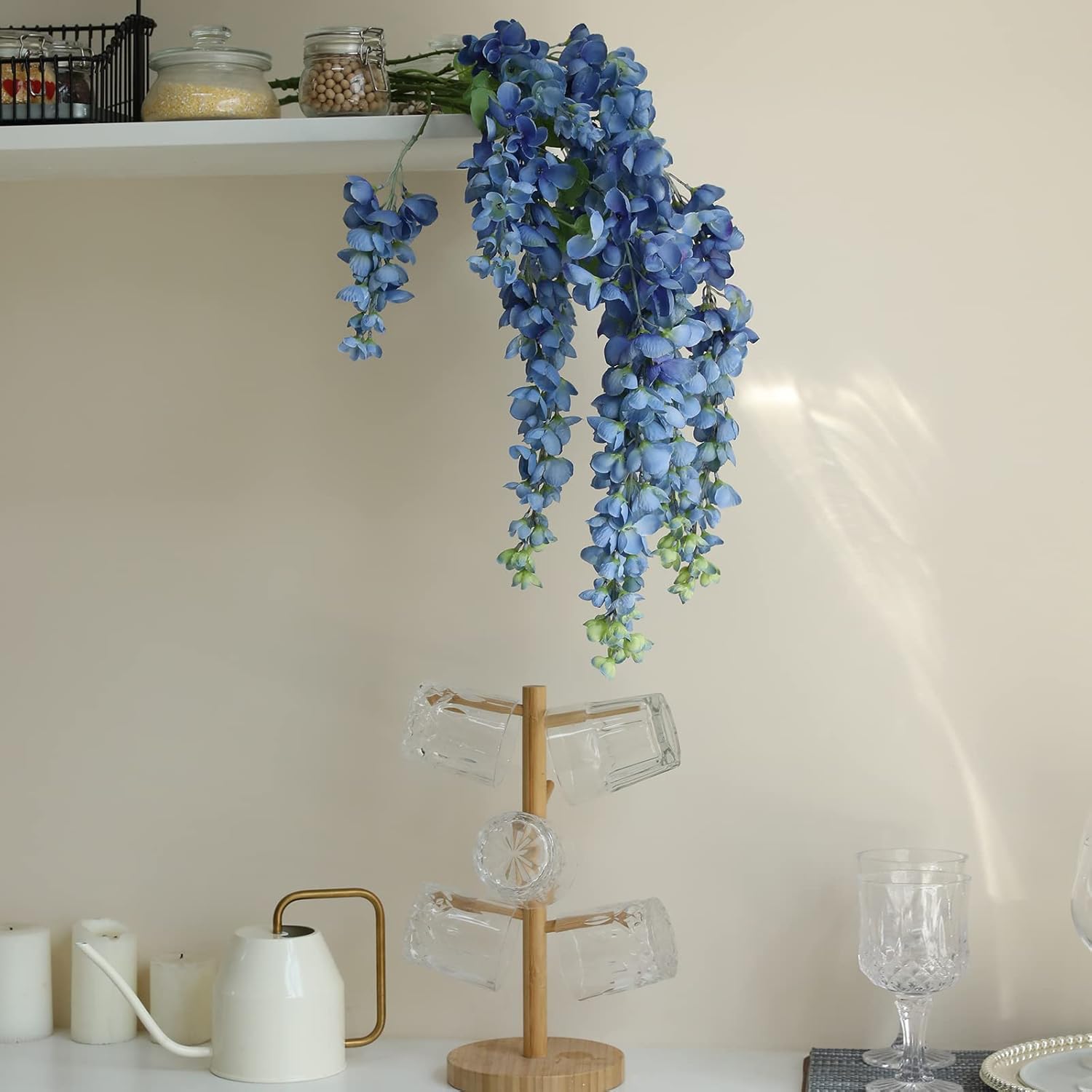 Dailisen 3 Strands 40'' Silk Blue Wisteria Artificial Flowers, Fake Wisteria Floral Hanging Plant Garland, for Home Decor, Party, Floor Vase, Balcony, Wedding Arrangement Decoration (Blue)