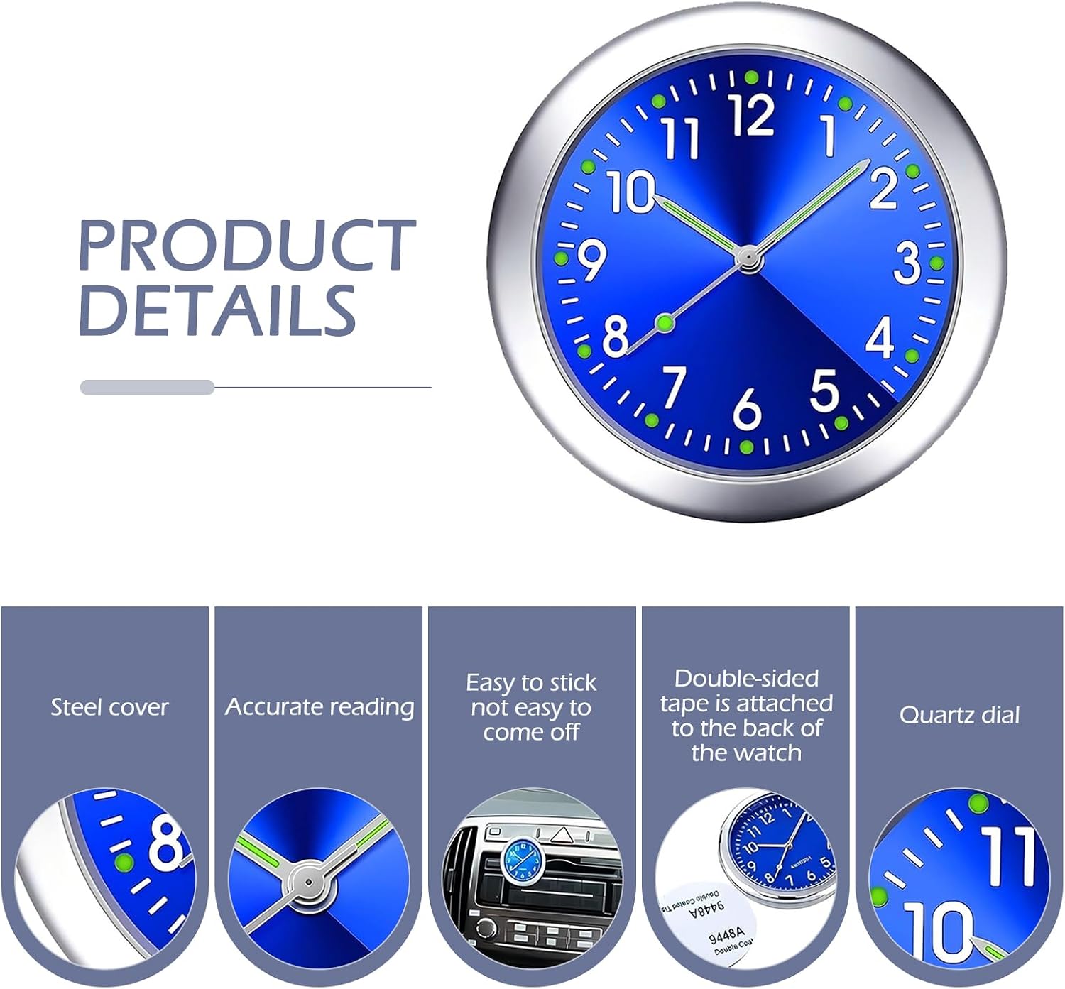 2 PCS Mini Car Dashboard Clock, Round Quartz Vehicle Air Vent Clock, Self Adhesive Luminous Automotive Watch, Universal for Car SUV Truck Home (Blue & Black) image 3