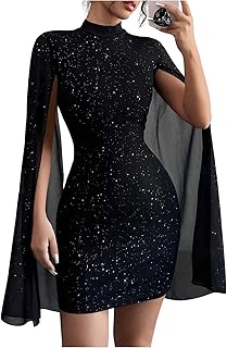 Women's Glitter Bodycon Mini Dress Cloak Long Sleeve Mock Neck Cocktail Party Dresses - Buy now