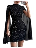 SOLY HUX Women's Sparkly Glitter Bodycon Mini Dress Sequin Long Bell Sleeve Mock Neck Prom Cocktail Party Dresses