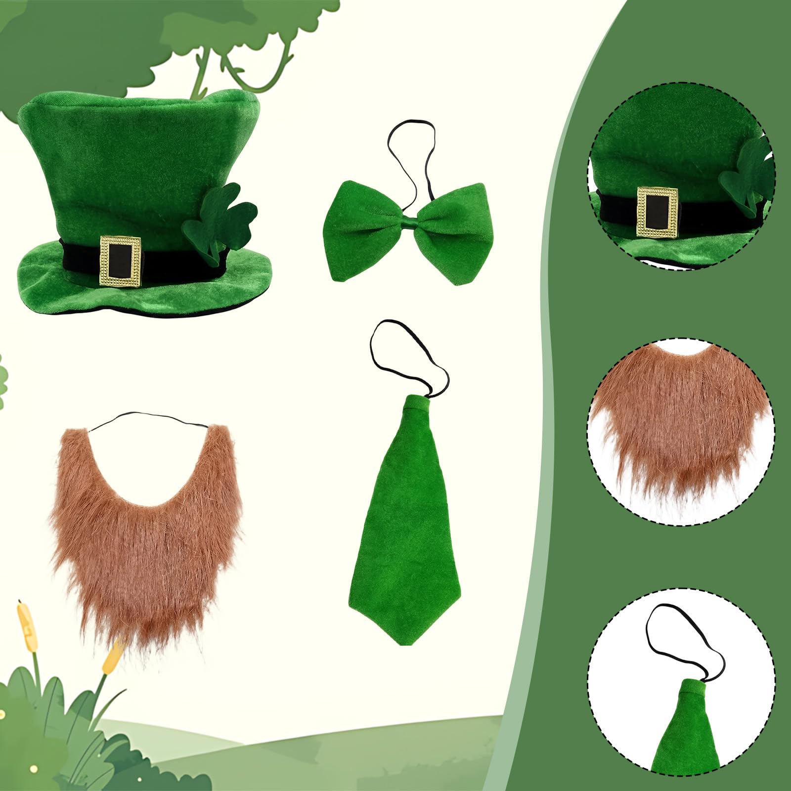 Atomvia 5Pcs Green Leprechaun Costume Set for Men, St Patricks Day Outfits with Velvet Top Hat, Beard, Bow Tie, Buckle Belt - Image 3