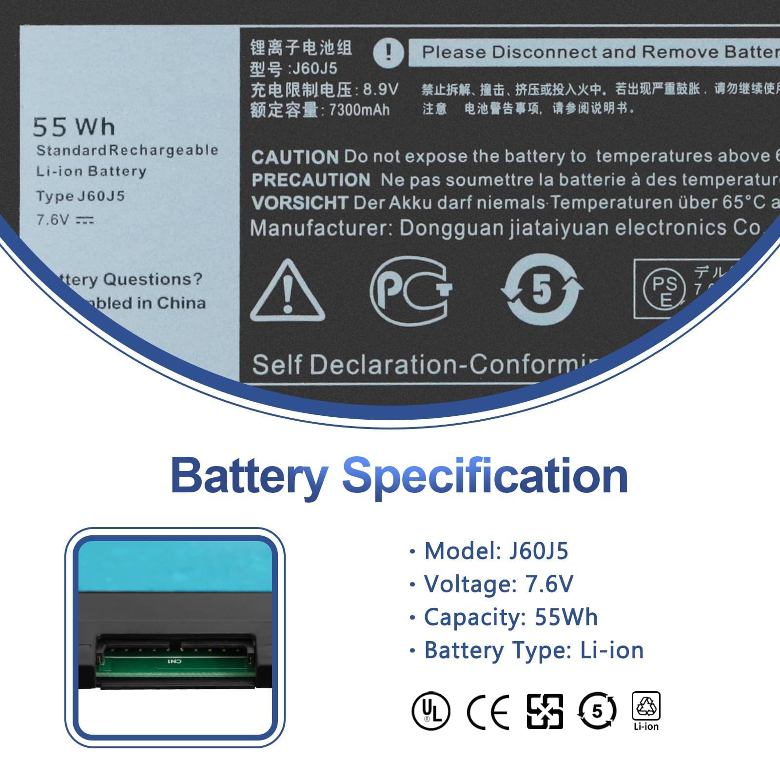 55WH J60J5 MC34Y Laptop Batterie Replacement pour Dell Latitude E7270 E7470 Series Notebook R1V85 451-BBSX 451-BBSY 451-BBSU 242WD 1W2Y2 MC34Y GG4FM WYWJ2 7.6V