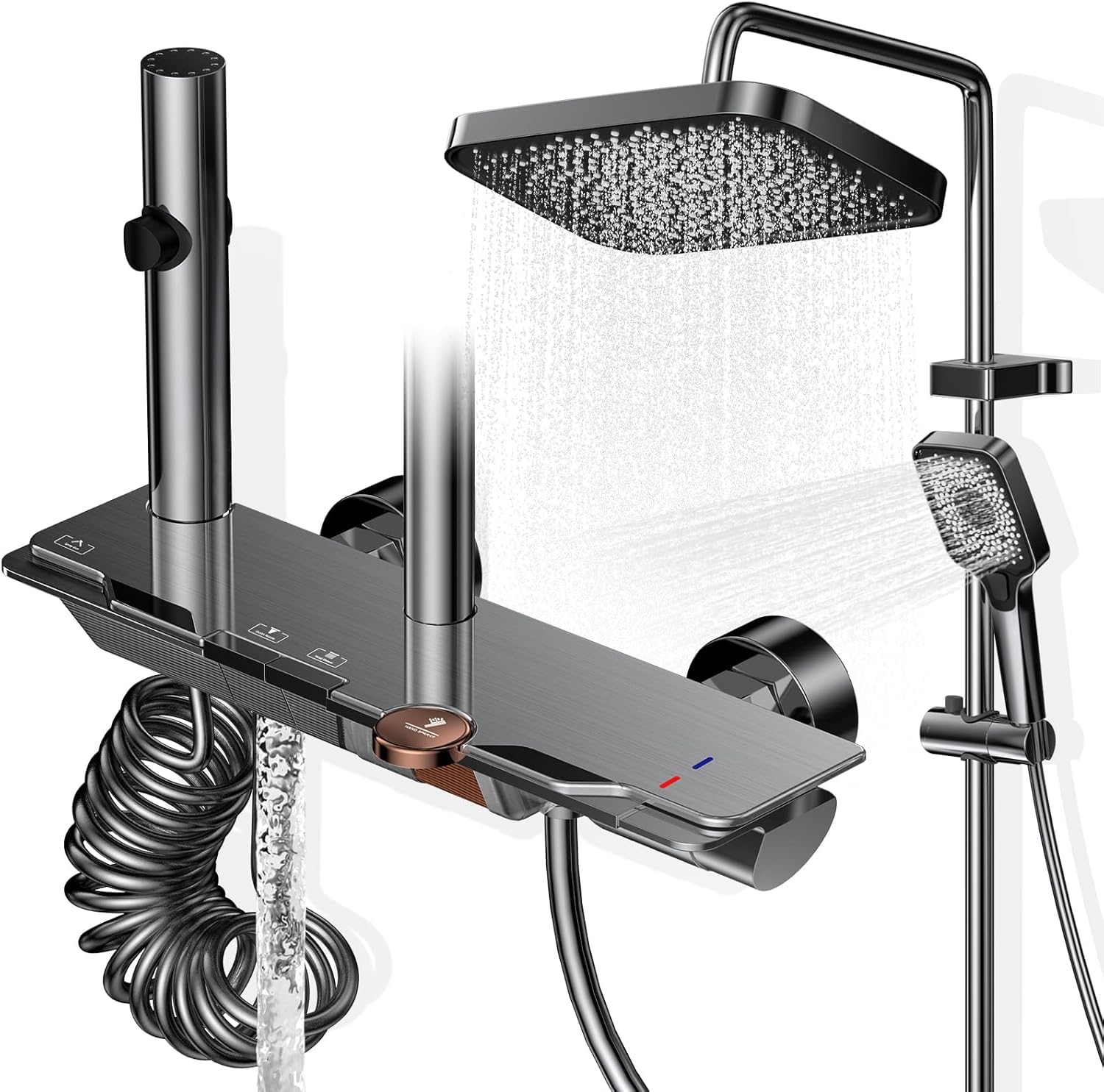 Wiorhix Mixer Shower Set with 12.4" Rainfall Shower Head, Piano Panel 4-Function Shower System, Adjustable Height 83-110cm, Solid Brass & Tempered Glass, Bath Shower Mixer Tap for Bathroom - Grey