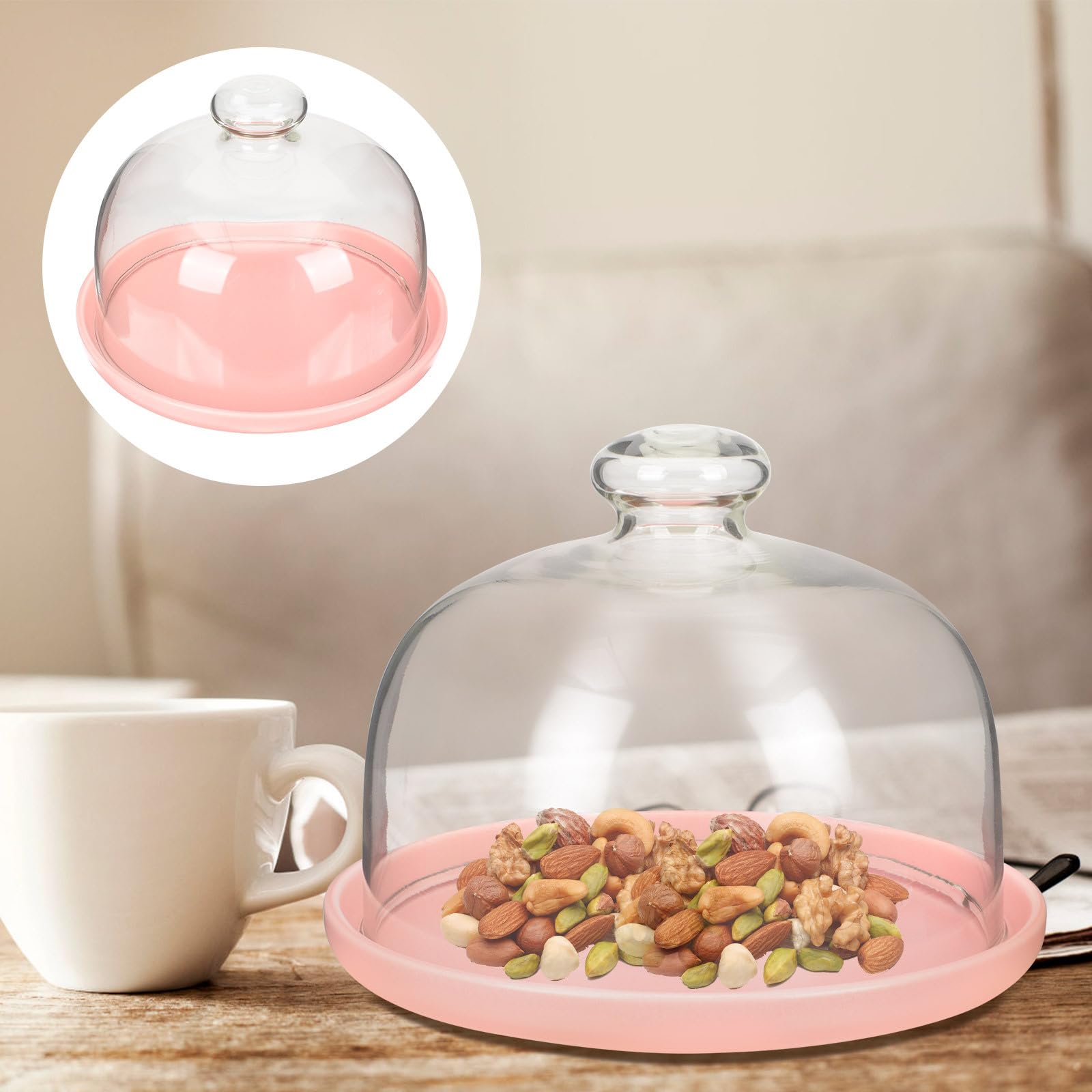 Kichvoe Assiette de Fruits en Céramique avec Cloche en Verre Rose, Plateau Délicat pour Servir et Protéger Lors de Fêtes et Mariages