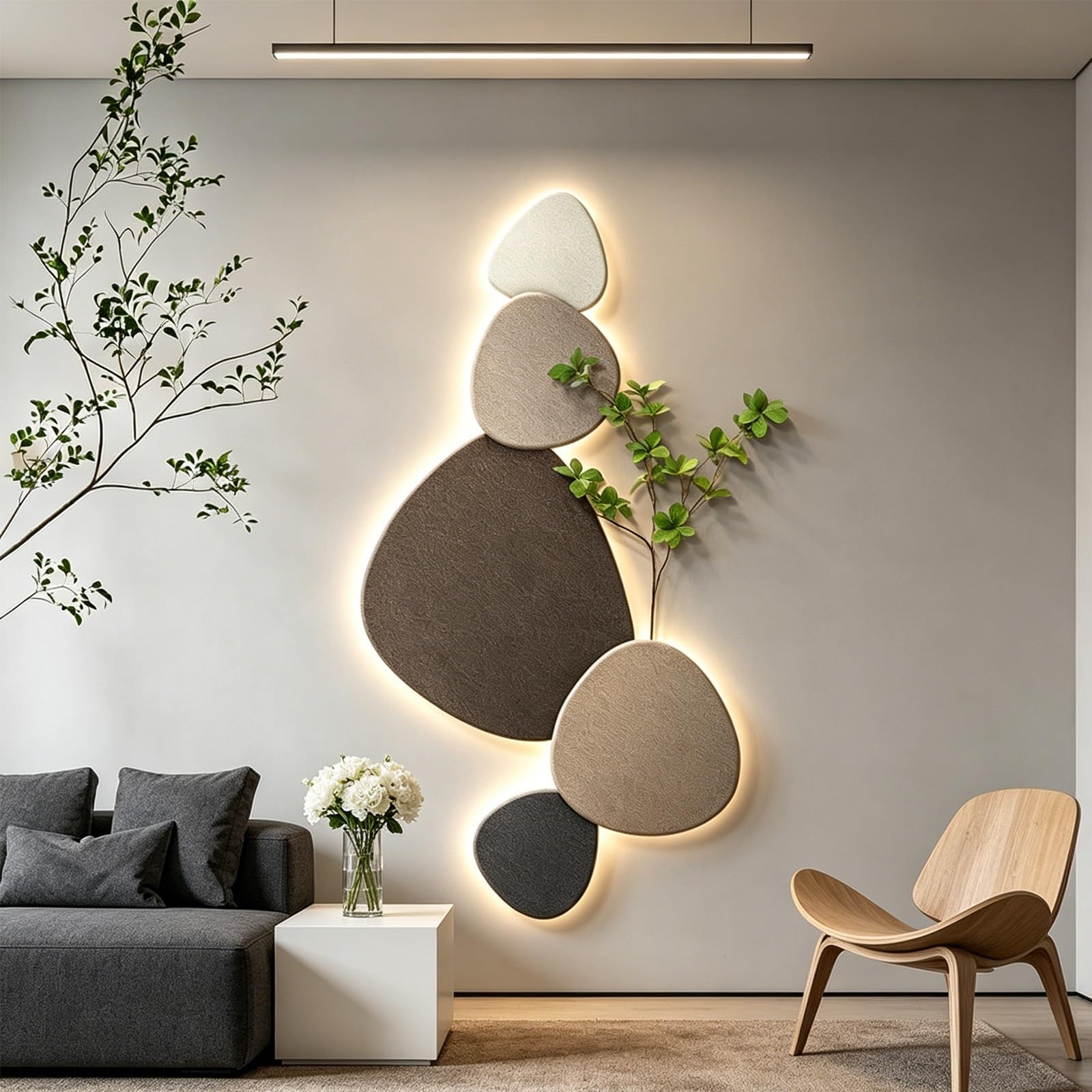 Arte da Parete Moderna 3D in Cristallo E Porcellana LED – Scultura Murale con Alimentazione A Spina – Murale Paesaggistico Effetto Pietra(Style A,15 * 31in/40 * 80cm)