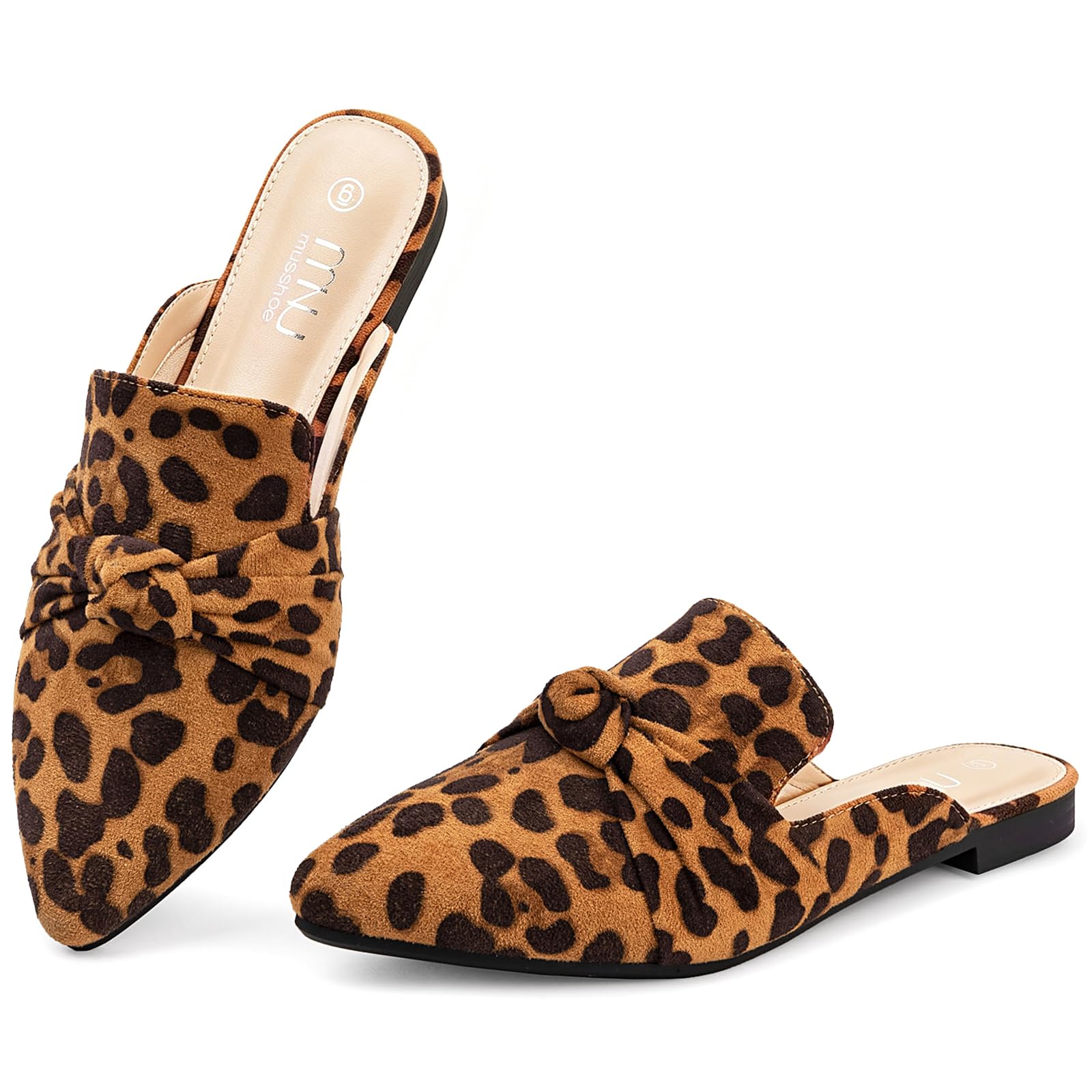 MUSSHOE Mules for Women with Bow Knot: Pointed Toe Flats - Cloud-Cushion Suede Backless Loafers for Office &amp; Casual Wear - Wide-Fit Friendly Slip On Slides with Memory Foam