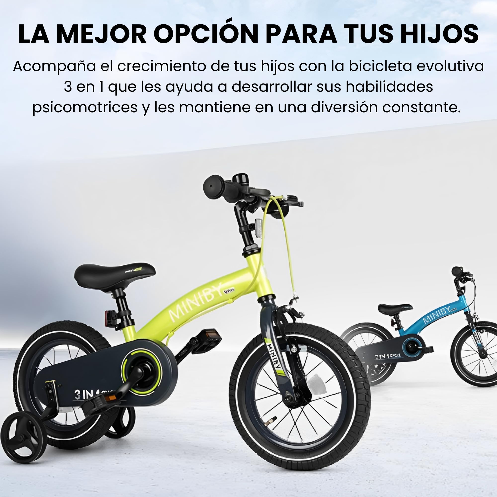 QPLAY Bicicleta Infantil Miniby 3 en 1, Modo Sin Pedales, con Ruedines y con Pedales, Ajustable, Ergonómica y Evolutiva Niños de 2,5 a 8 Años