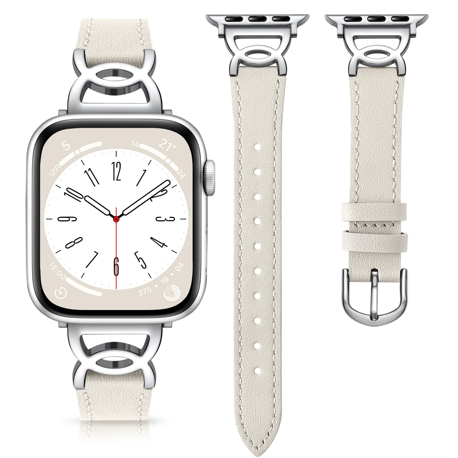 Photo 1 of DaQin Slim Leather Band Compatible with Apple Watch Band for Women 40mm 38mm 41mm 42mm, Dressy Leather Strap with Designer DC-shaped Buckle for iWatch Bands Series 11 10 9 8 7 6 5 4 3 2 1 SE,Starlight