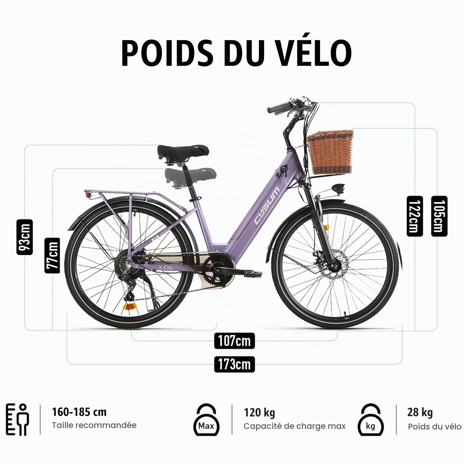 Vélo électrique Ville, 26" Banlieue Ebike pour Femme, 45Nm Pédalage Assisté Electric Bike, Li-Batterie Amovible 48V 10.4Ah, 499Wh Portée 80-100km, avec Panier et Porte-Bagages