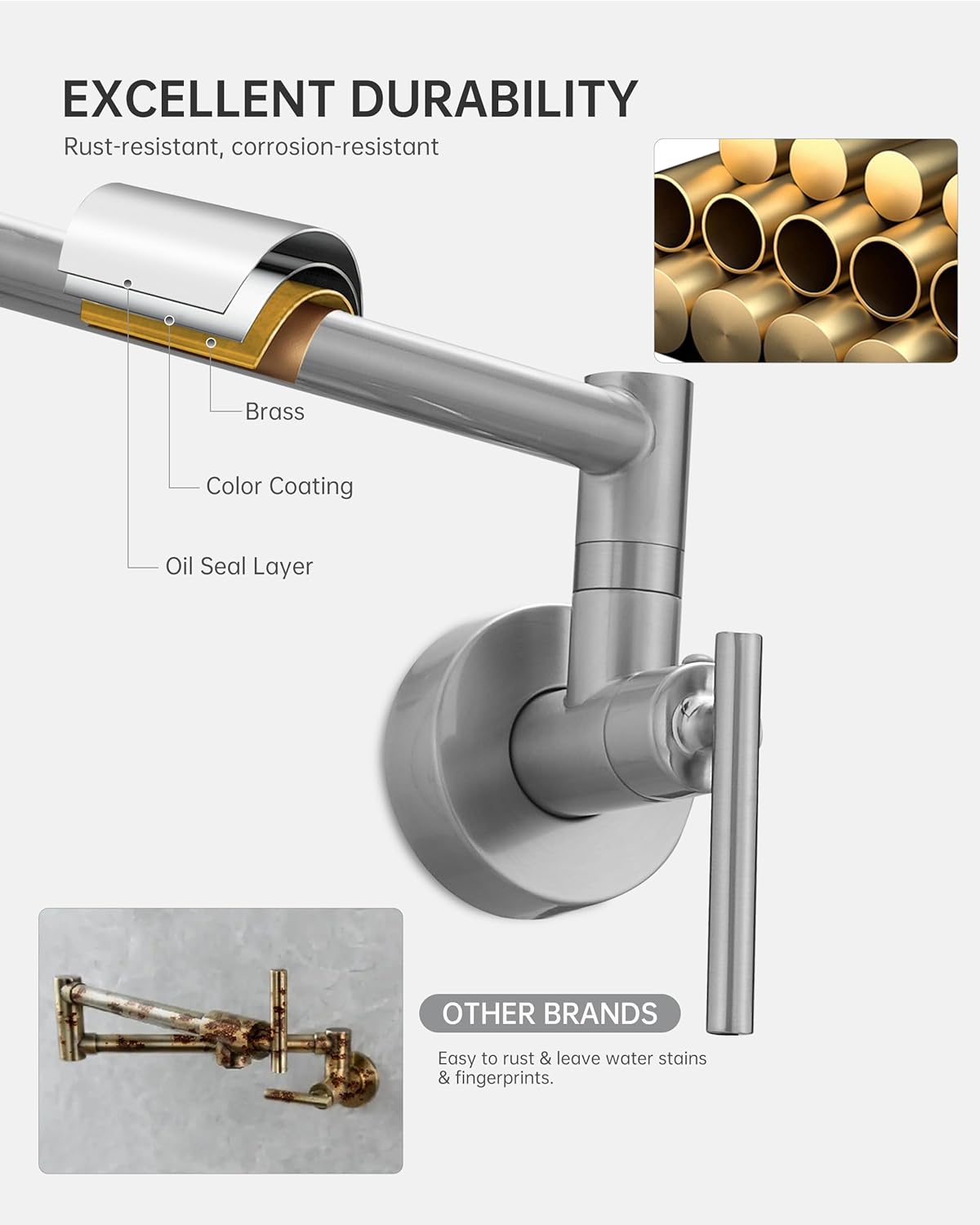 Fransiton Brushed Nickel Pot Filler, Pot Filler Faucet Wall Mount, Brass Folding Stretchable with Double Joint Swing Arm Single Hole Two Handles Kitchen