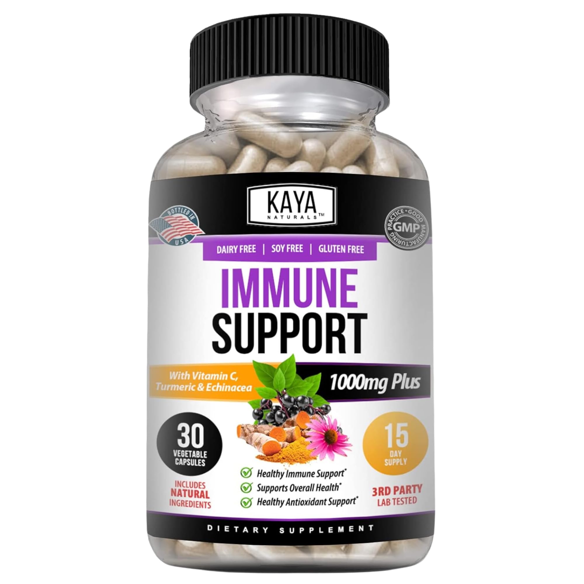 Kaya Naturals Elderberry Immune Support | Vitamins with Zinc and Vitamin C for Adults, Probiotics & Turmeric 1000mg Immune System Booster Sambucus